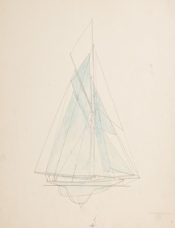 Original drawings for "Men Against the Rule": three comparative diagrams illustrating the evolution of yacht design: Puritan - Reliance, Reliance - Enterprise, and Puritan - Enterprise