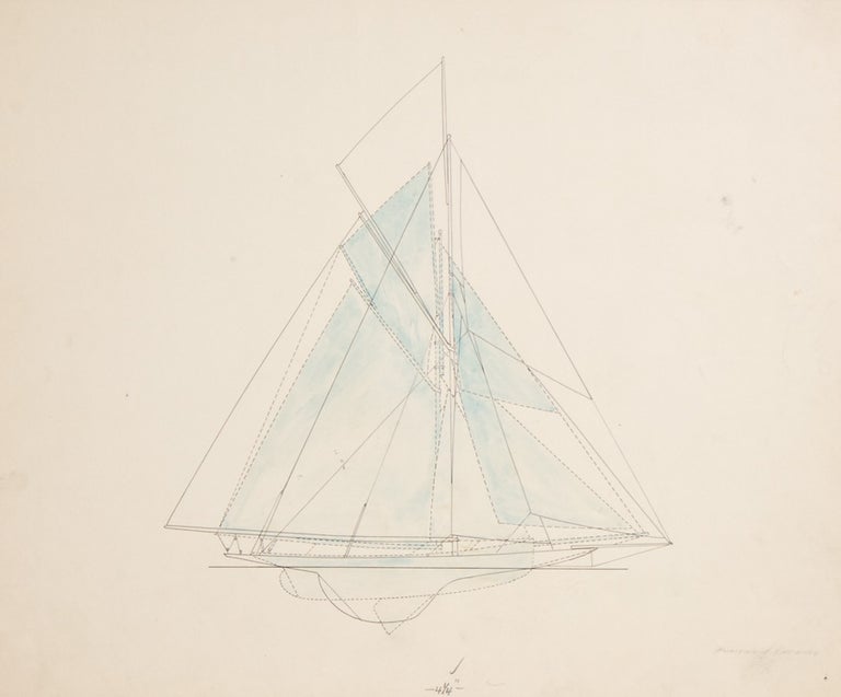 Original drawings for "Men Against the Rule": three comparative diagrams illustrating the evolution of yacht design: Puritan - Reliance, Reliance - Enterprise, and Puritan - Enterprise