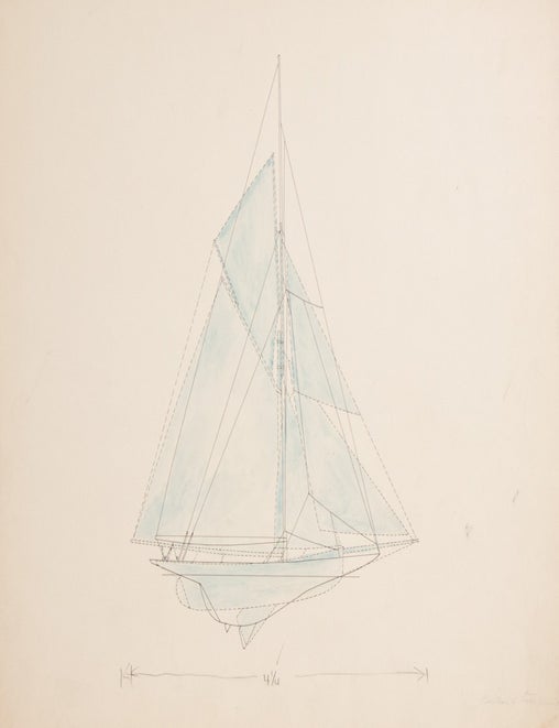 Original drawings for "Men Against the Rule": three comparative diagrams illustrating the evolution of yacht design: Puritan - Reliance, Reliance - Enterprise, and Puritan - Enterprise