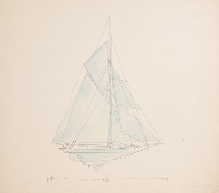 Original drawings for "Men Against the Rule": three comparative diagrams illustrating the evolution of yacht design: Puritan - Reliance, Reliance - Enterprise, and Puritan - Enterprise