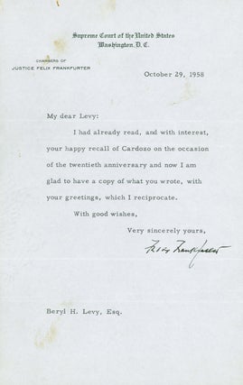 Item #237981 Typed Letter Signed ("Felix Frankfurter") to Beryl H. Levy, about Benjamin Cardozo....