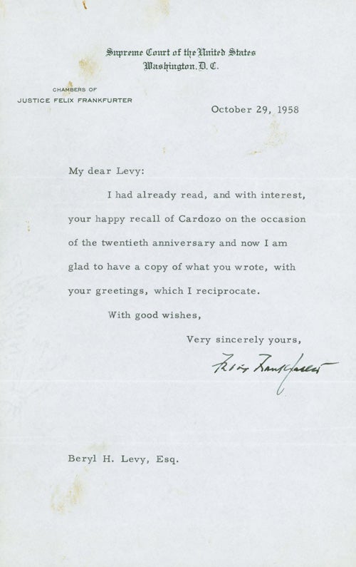 Item #237981 Typed Letter Signed ("Felix Frankfurter") to Beryl H. Levy, about Benjamin Cardozo. Felix Frankfurter.