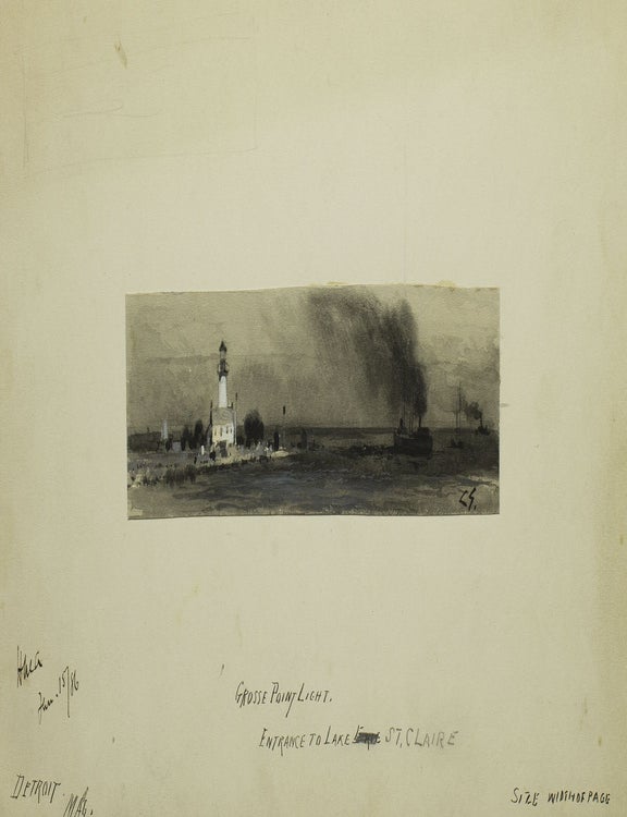 Item #238005 Watercolor entitled "Grosse Point Light. Entrance to Lake St. Claire", signed C.S. lower right. Michigan Grosse Point.
