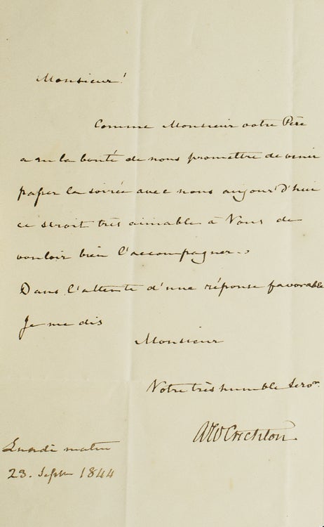 Item #238162 Autograph Letter, signed ("AW Crichton") to M. de Jordan, inviting him to spend the evening. Sir Archibald William Crichton.