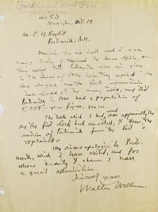Item #238163 Autograph Letter, signed ("Walter Wellman") to C.A. Hazlitt of Portsmouth, N.H.,...