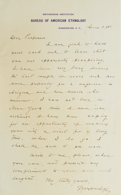 Item #238166 Autograph Letter, signed ("F.W. Hodge") to a friend and colleague regarding his forthcoming "sojourn in Arizona and New Mexico this summer" Frederick Webb Hodge.