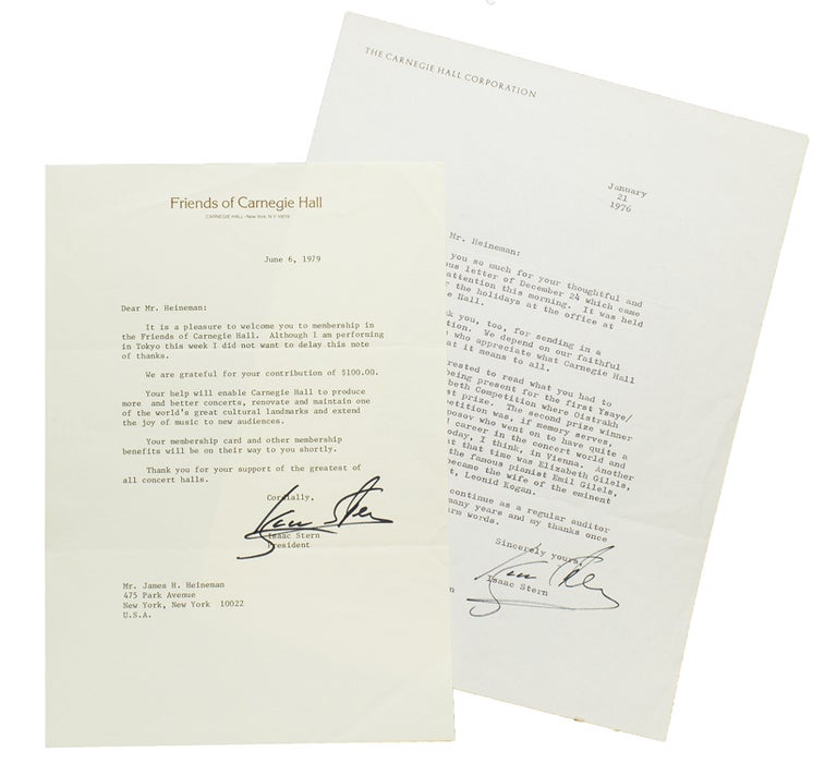 Item #238604 Two Typed Letters, signed (“Isaac Stern”) to James Heineman. Isaac Stern.