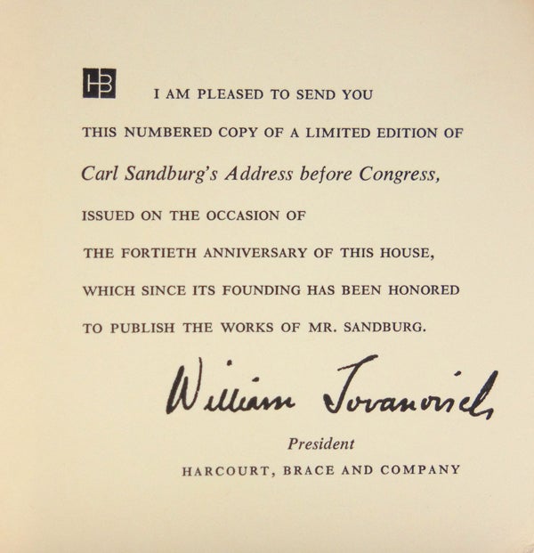 Address of Carl Sandburg Before a Joint Session of Congress, February 12, 1959