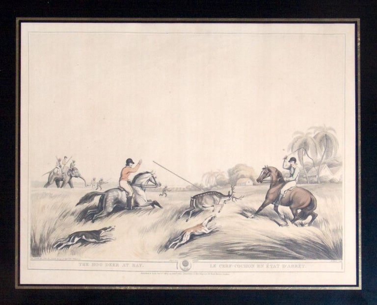4 Prints: "The Hog Deer at Bay", "Hunting an Old Buffalo" (Number 25), The Tiger at Bay" & "Hog Hunters Meeting by Surprise a Tugress and her Cubs." FROM : Oriental Field Sports; being a complete, detailed, and accurate description of the Wild Sports of the East; and exhibiting, in a novel and interesting manner, the Natural History of. . . undomesticated animals. . . interspersed with a variety of origianl, authentic, and curious anecdotes BY Captain Thomas Wiliamson