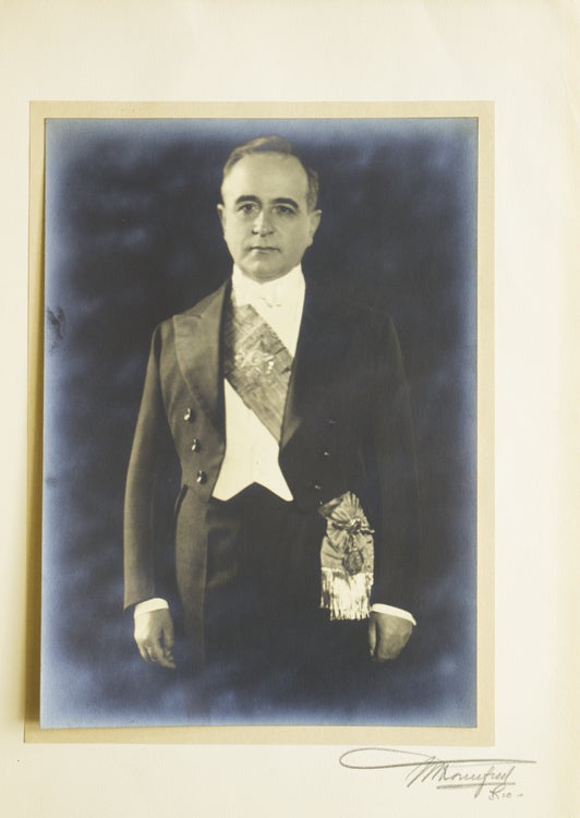 Item #241497 Portrait Photograph of President Getulio Vargas of Brazil (1882-1954) standing three quarters portrait in White tie. Getulio Vargas, Max Rosenfeld, photographer.