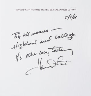 Item #24227 Typed note at the foot of received letter, signed “Howard Fast,” Accompanied by...
