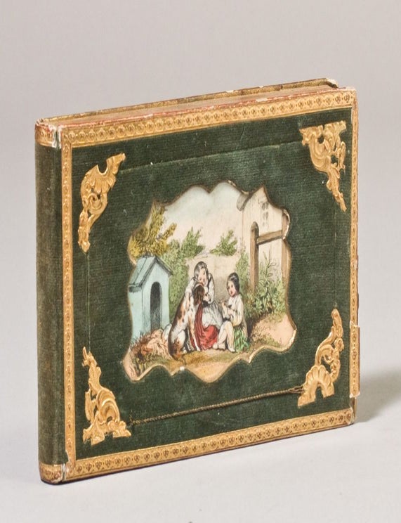 Collection of Autograph Sentiments in German, including Love Poems with drawings, preserved in a Green Velvet Book Box with Handcolored Sentimental Vignette on Upper Cover
