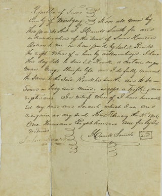 Item #24248 Autograph receipt, bill of sale for a slave, signed “Harrold Smith,” also with...