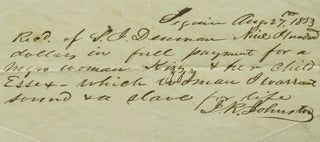 Item #24249 Autograph receipt, signed “J. R. Johnston”. Slave Bill of Sale Texas