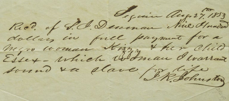 Item #24249 Autograph receipt, signed “J. R. Johnston”. Slave Bill of Sale Texas.