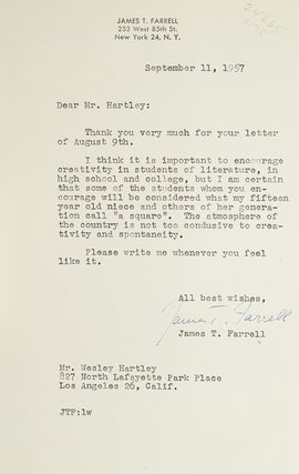 Item #24265 Two typed letters, signed “James T. Farrell”. James T. Farrell