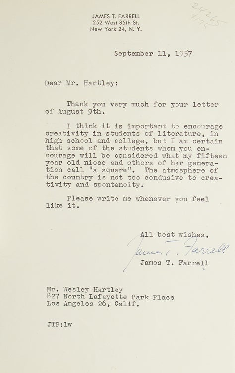 Two typed letters, signed “James T. Farrell”