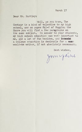 Item #24273 Typed letter, signed “John Updike”. John Updike