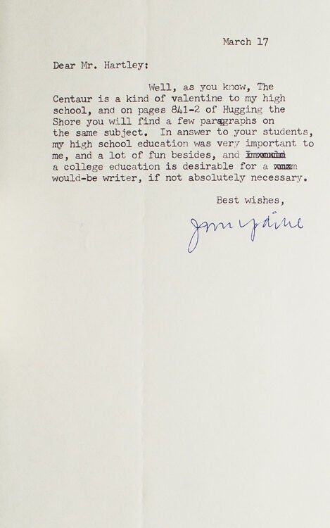 Typed letter, signed “John Updike”
