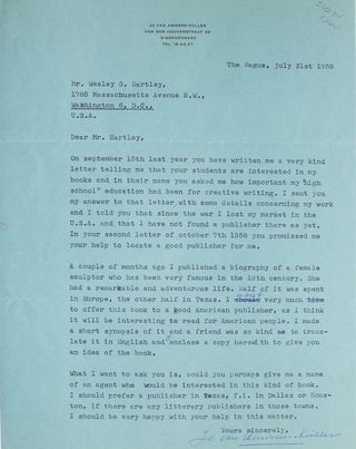 Item #24284 Two typed letters, signed “Jo van Ammers-Kuller” and a typed synopsis entitled...