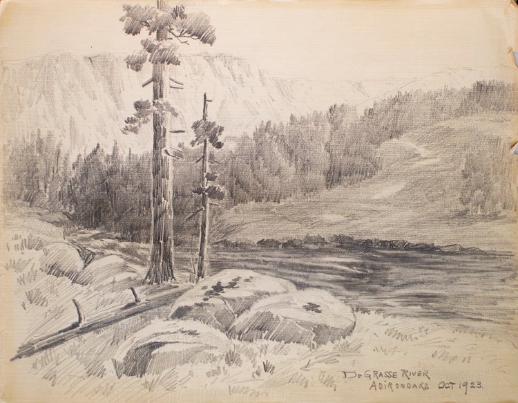 Item #242968 Thirteen amateur pencil drawings on paper of Scenes of Mills in Adirondacks, Rochester "Genessee Lower Falls, Rand Powder Mills, Monroe Co., NY. (6), De Grasse River, Adirondacks (4). Adirondacks.