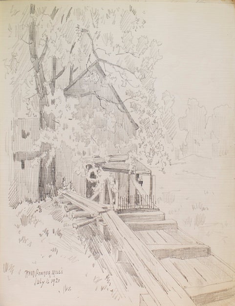 Thirteen amateur pencil drawings on paper of Scenes of Mills in Adirondacks, Rochester "Genessee Lower Falls, Rand Powder Mills, Monroe Co., NY. (6), De Grasse River, Adirondacks (4)