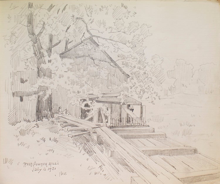 Thirteen amateur pencil drawings on paper of Scenes of Mills in Adirondacks, Rochester "Genessee Lower Falls, Rand Powder Mills, Monroe Co., NY. (6), De Grasse River, Adirondacks (4)