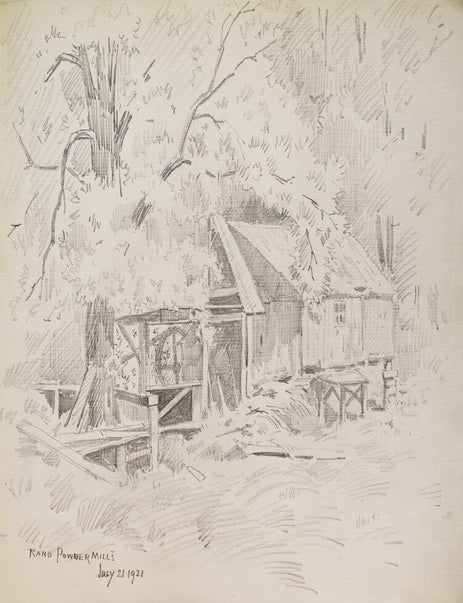 Thirteen amateur pencil drawings on paper of Scenes of Mills in Adirondacks, Rochester "Genessee Lower Falls, Rand Powder Mills, Monroe Co., NY. (6), De Grasse River, Adirondacks (4)