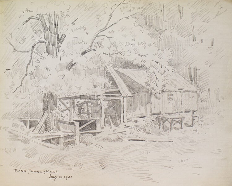 Thirteen amateur pencil drawings on paper of Scenes of Mills in Adirondacks, Rochester "Genessee Lower Falls, Rand Powder Mills, Monroe Co., NY. (6), De Grasse River, Adirondacks (4)