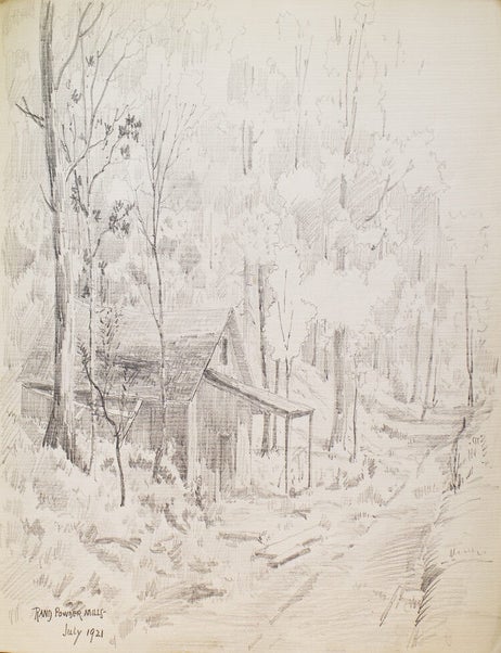 Thirteen amateur pencil drawings on paper of Scenes of Mills in Adirondacks, Rochester "Genessee Lower Falls, Rand Powder Mills, Monroe Co., NY. (6), De Grasse River, Adirondacks (4)