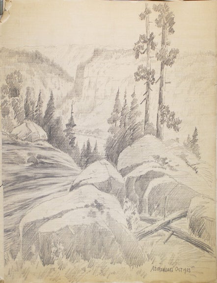 Thirteen amateur pencil drawings on paper of Scenes of Mills in Adirondacks, Rochester "Genessee Lower Falls, Rand Powder Mills, Monroe Co., NY. (6), De Grasse River, Adirondacks (4)