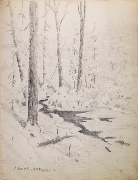 Thirteen amateur pencil drawings on paper of Scenes of Mills in Adirondacks, Rochester "Genessee Lower Falls, Rand Powder Mills, Monroe Co., NY. (6), De Grasse River, Adirondacks (4)