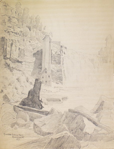 Thirteen amateur pencil drawings on paper of Scenes of Mills in Adirondacks, Rochester "Genessee Lower Falls, Rand Powder Mills, Monroe Co., NY. (6), De Grasse River, Adirondacks (4)