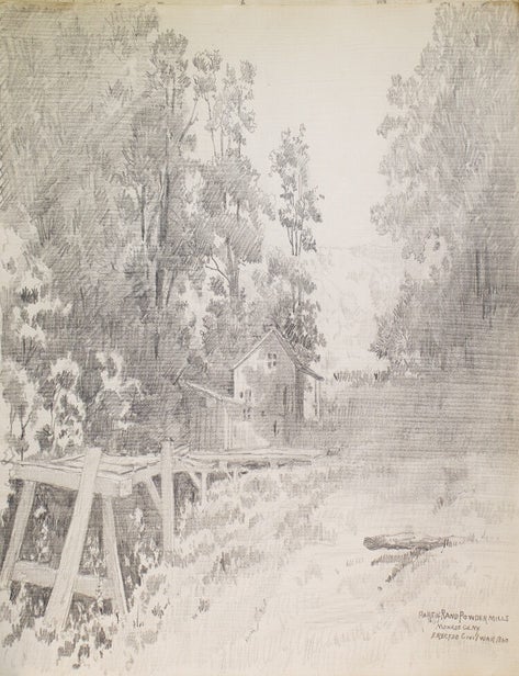 Thirteen amateur pencil drawings on paper of Scenes of Mills in Adirondacks, Rochester "Genessee Lower Falls, Rand Powder Mills, Monroe Co., NY. (6), De Grasse River, Adirondacks (4)