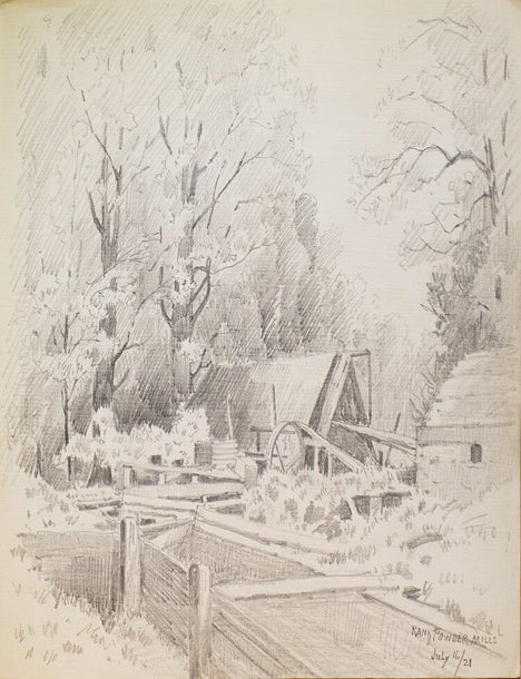 Thirteen amateur pencil drawings on paper of Scenes of Mills in Adirondacks, Rochester "Genessee Lower Falls, Rand Powder Mills, Monroe Co., NY. (6), De Grasse River, Adirondacks (4)