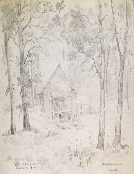 Thirteen amateur pencil drawings on paper of Scenes of Mills in Adirondacks, Rochester "Genessee Lower Falls, Rand Powder Mills, Monroe Co., NY. (6), De Grasse River, Adirondacks (4)