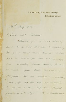 Item #243960 Autograph letter, signed ("Charles M. Doughty"), to Mr. R. Palmer of Kirby Lonsdale,...