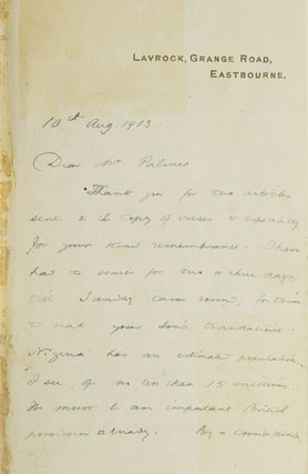 Item #243960 Autograph letter, signed ("Charles M. Doughty"), to Mr. R. Palmer of Kirby...