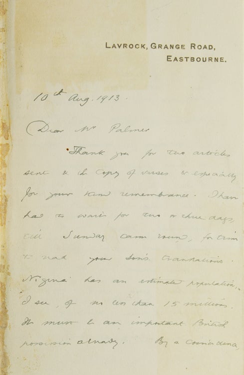 Autograph letter, signed ("Charles M. Doughty"), to Mr. R. Palmer of Kirby Lonsdale, Westmorland, regarding Nigeria, retirement, happiness, Isaac Walton, and family matters