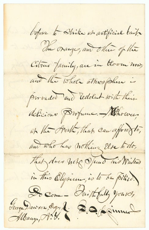 Autograph Letter, Signed (“F.E. Spinner”) to Angling author George Dawson, dated Jacksonville, Florida, Feby. 19, 1876, discussing Dawson’s book of “fish letters” (Pleasures of Angling … [1876]), recounting a fish tale, and praising Florida winters