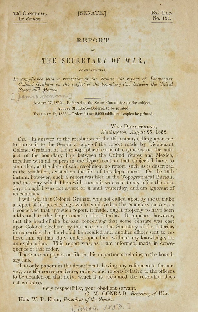 Report of the Secretary of War, Communicating...the Report of Lieutenant Colonel Graham on the Subject of the Boundary Line Between the United States and Mexico