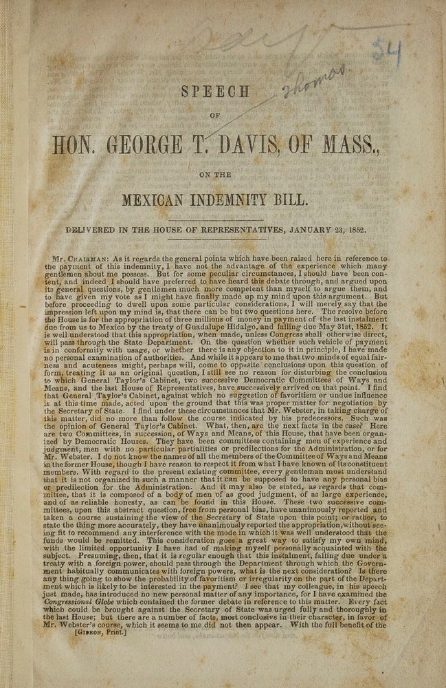 Speech of Hon. Gorge T. Davis, of Mass., on the Mexican Indemnity Bill....Jan 23, 1852 [drop title]