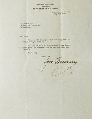 Item #244796 Typed Letter, Signed ("Igor Strawinsky"), dated 1 May, 1940, on Harvard letterhead,...