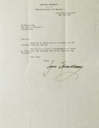 Item #244796 Typed Letter, Signed ("Igor Strawinsky"), dated 1 May, 1940, on Harvard...