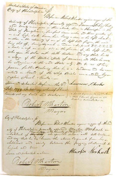 Item #245062 Autograph Manuscript Affidavit of Citizenship, signed by "Robert Wharton Mayor of Philadelphia" Philadelphia, Robert Wharton.