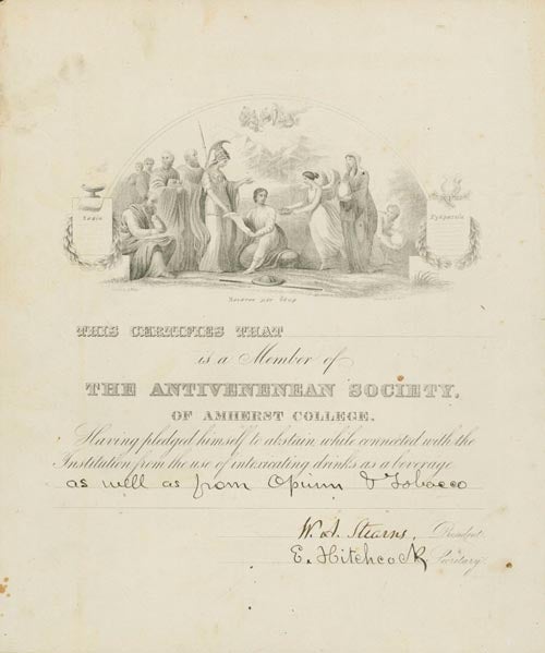 Item #245828 Certificate of Membership in the Antivenenean Society of Amherst College. Amherst.