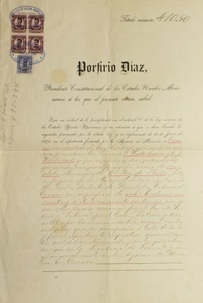 Item #246166 Partly printed Document, signed (“Porfirio Diaz” with a flourish), Patent for...