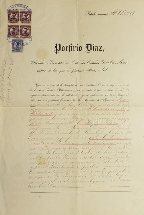 Item #246166 Partly printed Document, signed (“Porfirio Diaz” with a flourish), Patent for “Ely Rey de Plata” gold and silver mine in Oaxaca granted to Frank Waterhouse and E.J. Winterowd. Porfirio Diaz.