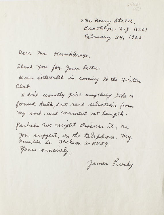 Autograph letter, signed “James Purdy” - James Purdy