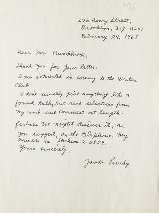 Item #24621 Autograph letter, signed &ldquo;James Purdy&rdquo;. James Purdy